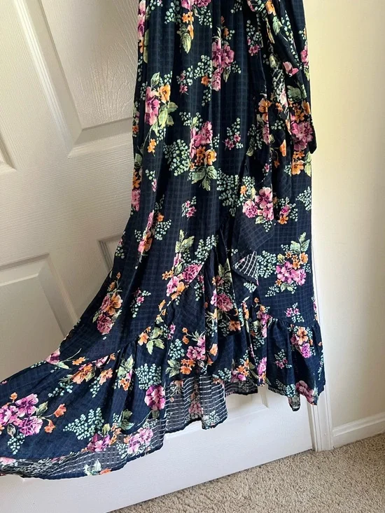 LC Lauren Conrad Navy Blue Floral Cottagecore Maxi Ruffle Tie Waist Dress Large - Picture 5 of 12